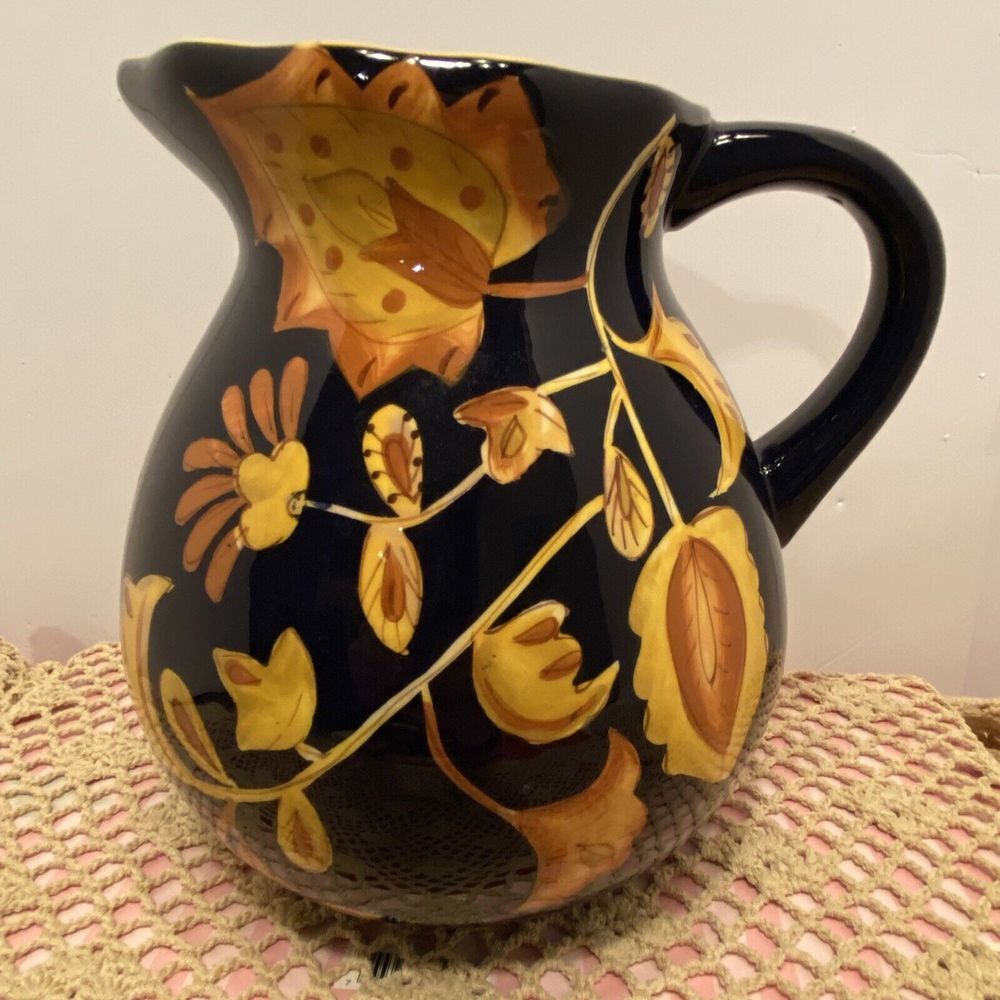 Laurie Gates Ware Pitcher Deep Blue, Orange Brown Flowers Yellow‎ Inside Painted